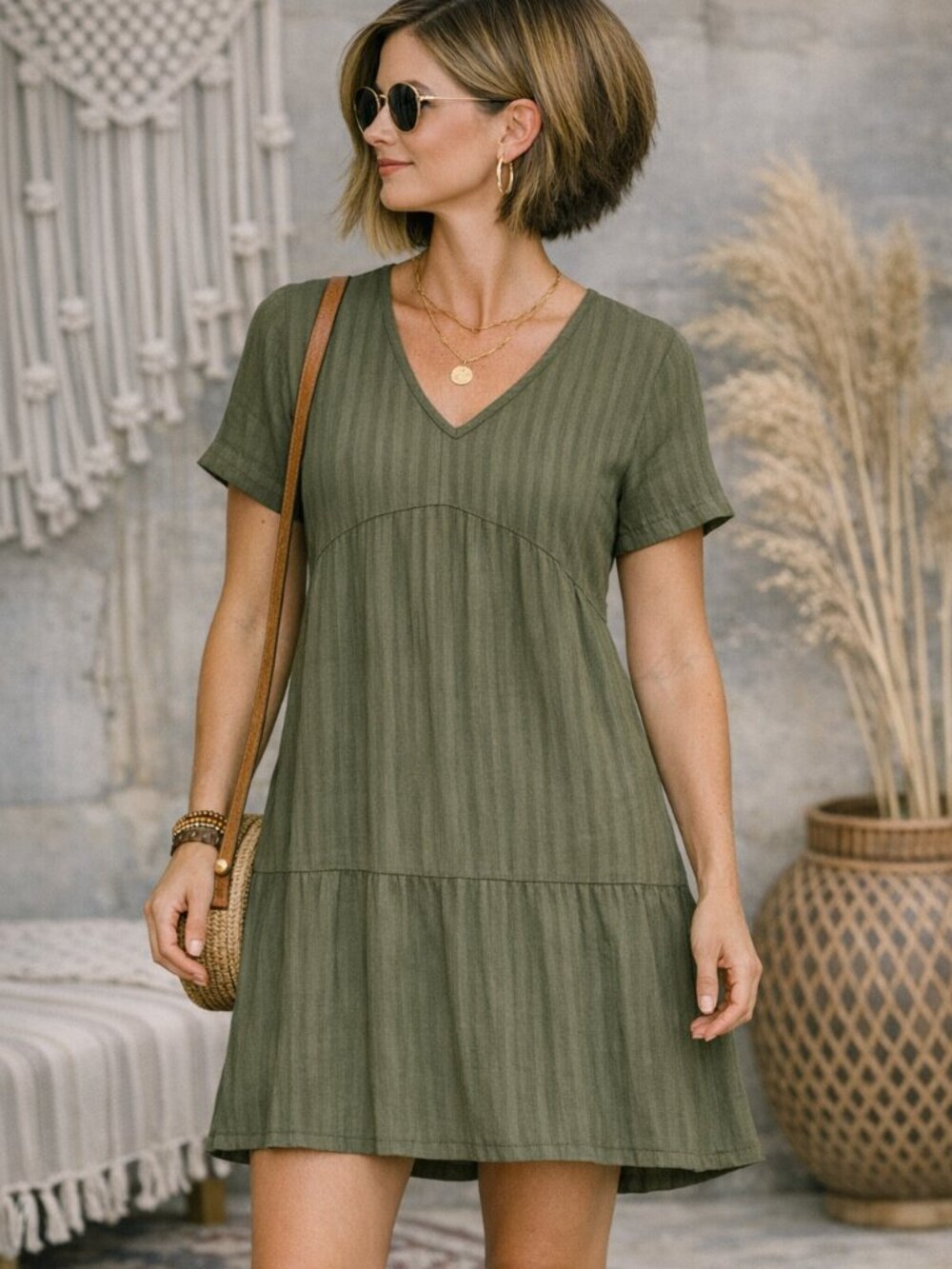 432 - Olive Green Babydoll Dress | Textured Flowy Tunic | Casual Boho Everyday